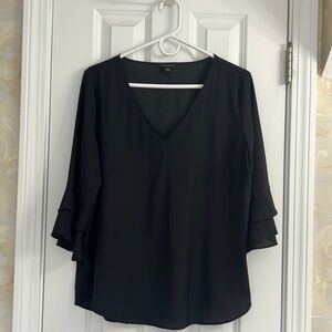 Ann Taylor Black V-neck Blouse with Charming Ruffled 1/2 Length Sleeves. EUC